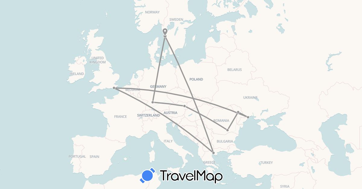 TravelMap itinerary: driving, plane in Austria, Germany, United Kingdom, Greece, Moldova, Romania, Sweden, Ukraine (Europe)